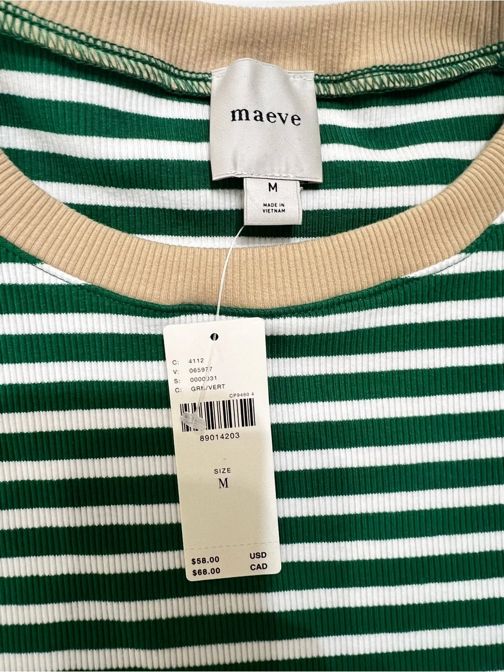 NWT Maeve Anthropologie Green Stripe Puff Sleeve Rib Knit Top M - Picture 5 of 12